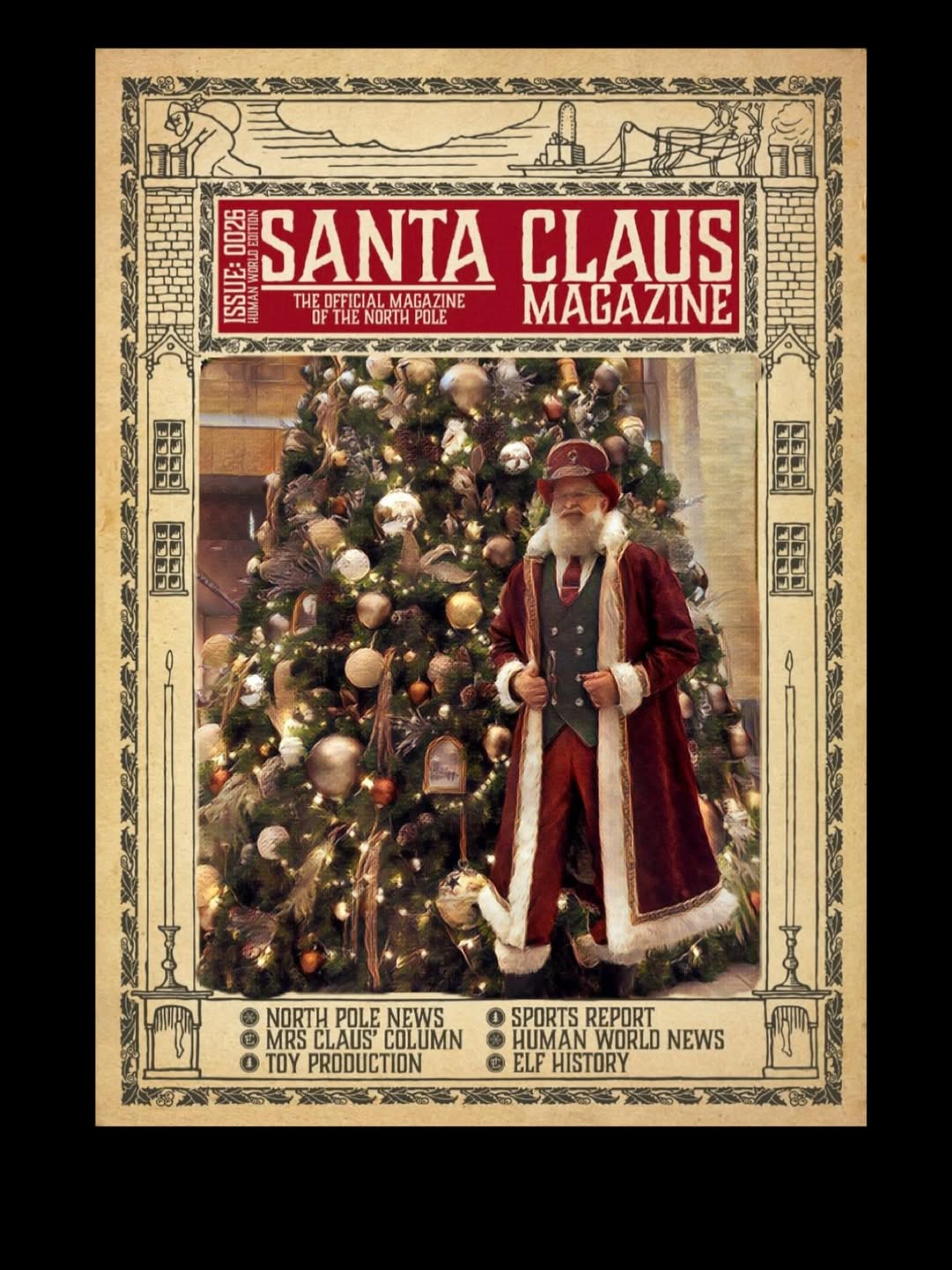 Saint Rick in a sepia magazine-style portrait beside a Christmas tree