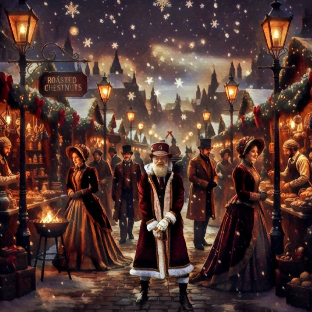 Saint Rick in a Christmas village setting