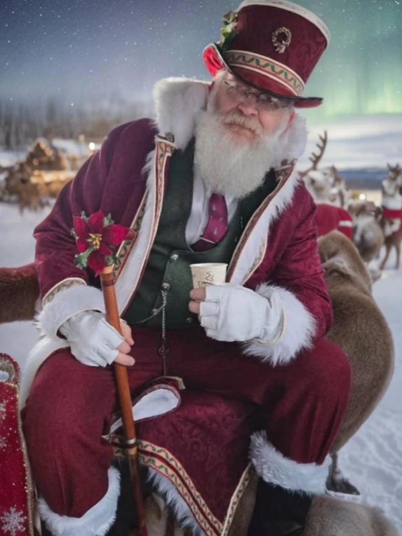 Saint Rick enjoying a cup of cocoa in a festive North Pole scene